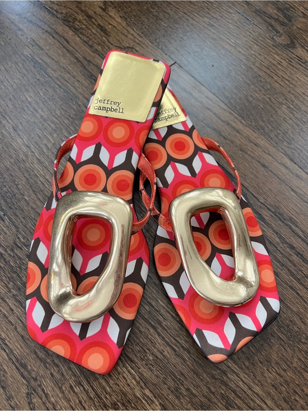 Jeffrey Campbell Red & Orange Geometric Slide Sandals with Gold Oval Accent - Picture 3 of 9